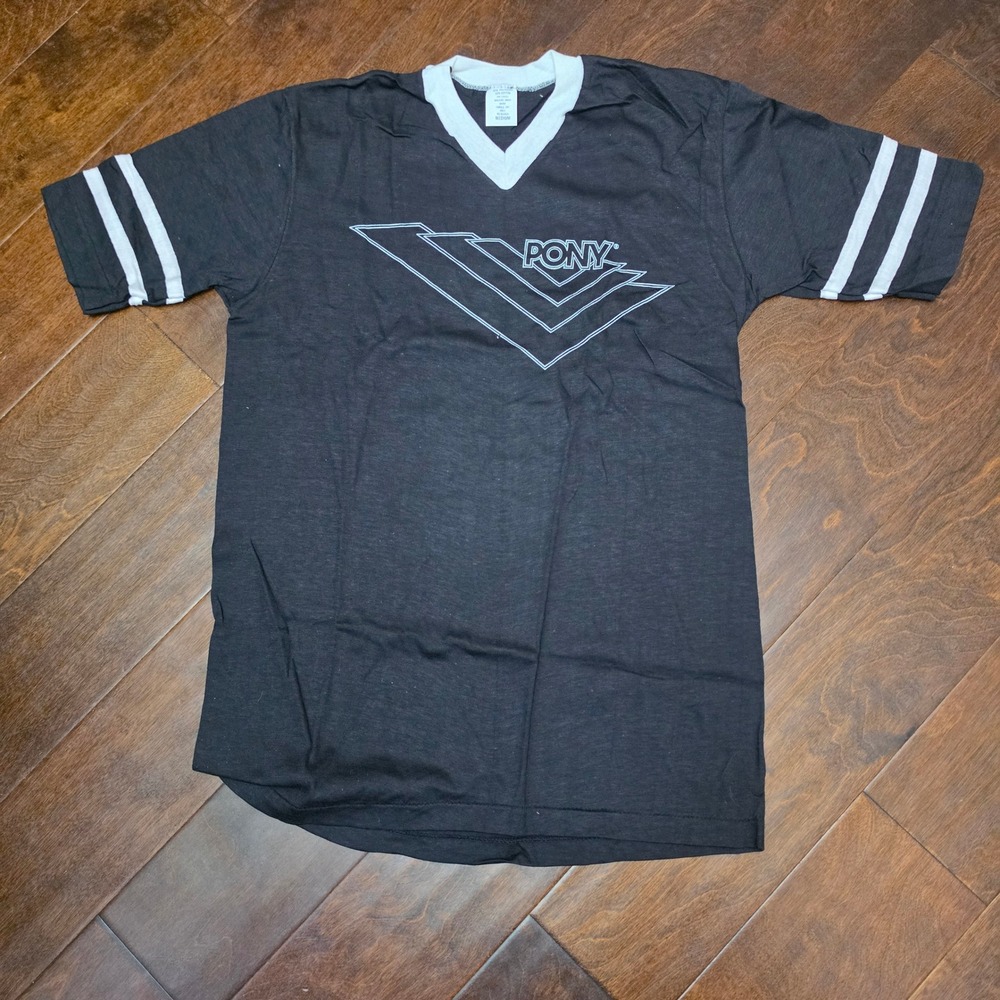 Vintage Pony  Ringer Logo V-Neck Jersey T-Shirt Mens Medium Black  Deadstock